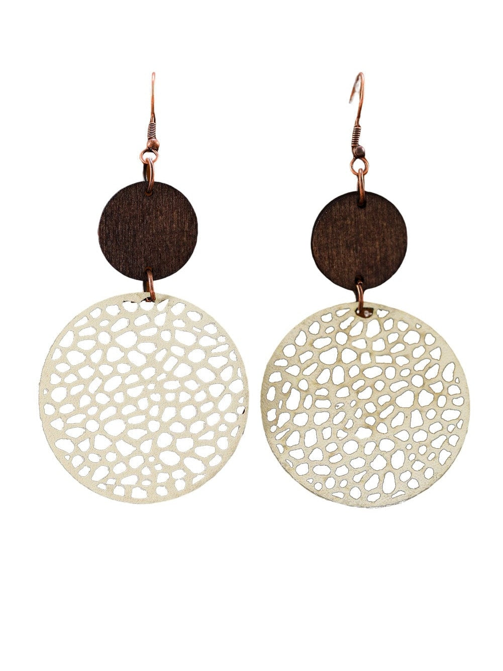 Beige Hollow Out Wooden Round Drop Earrings