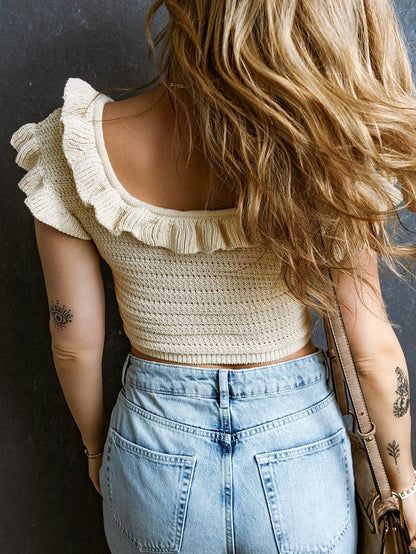 Beige Knit Crop Top with Ruffled Neckline and Cap Sleeves