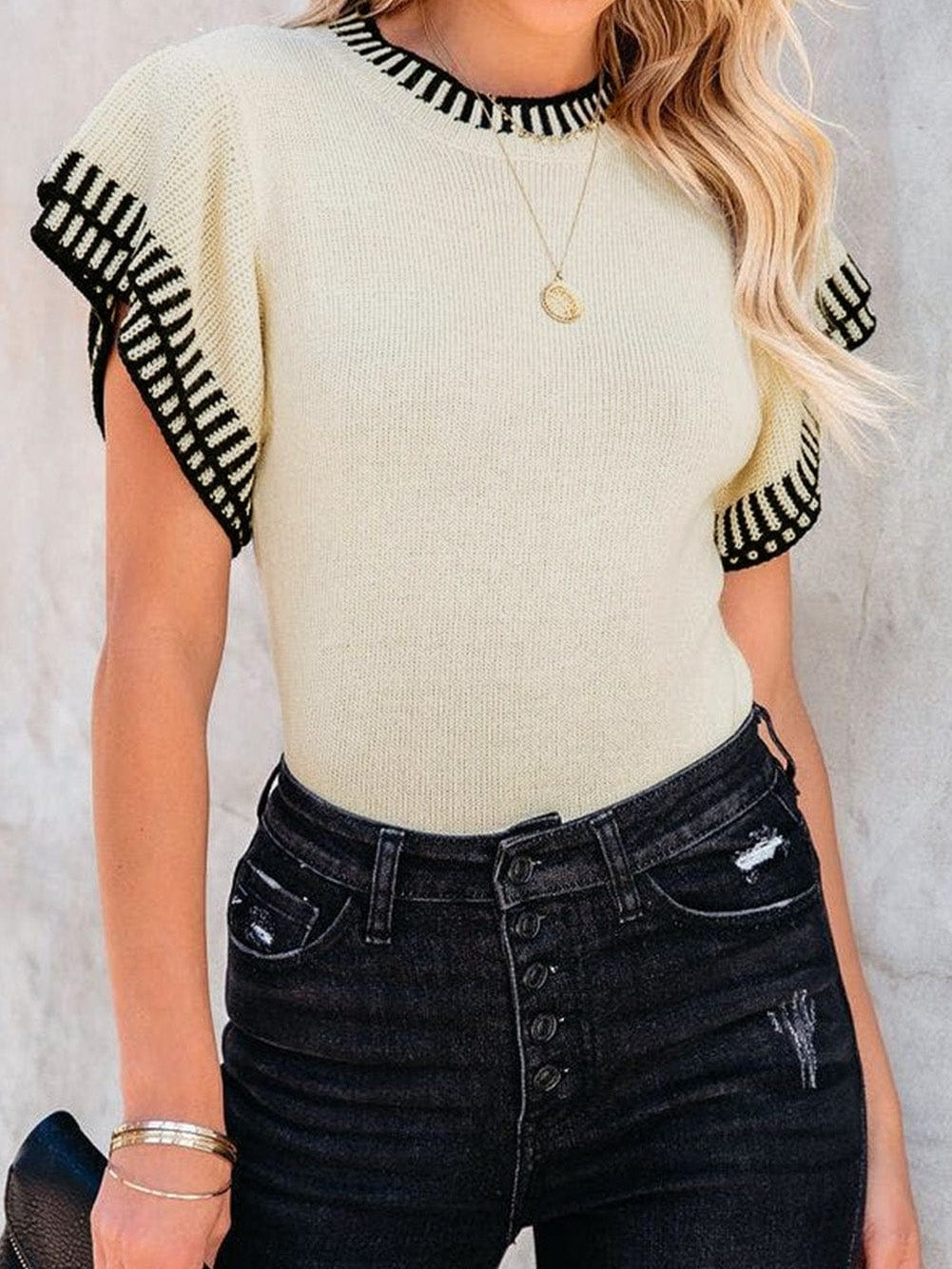 Beige Knitted Top with Batwing Sleeves and Contrast Trim