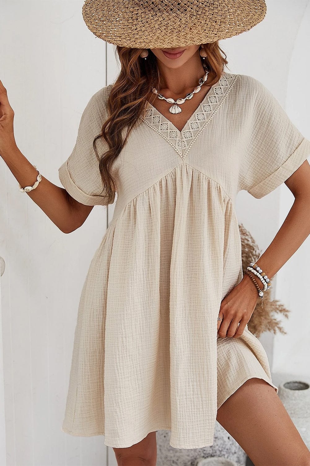Beige Lace Detail V-Neck Mini Dress with Rolled Sleeves