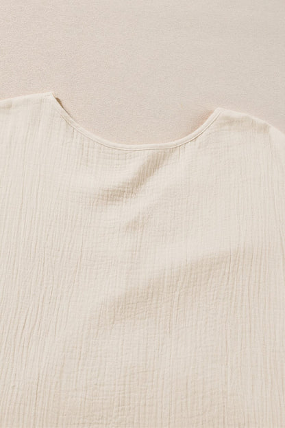 Beige Lace Detail V-Neck Mini Dress with Rolled Sleeves