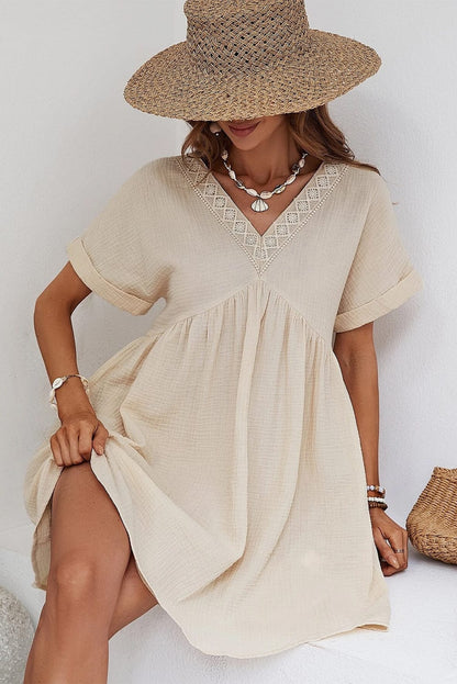 Beige Lace Detail V-Neck Mini Dress with Rolled Sleeves