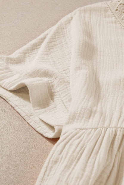 Beige Lace Detail V-Neck Mini Dress with Rolled Sleeves