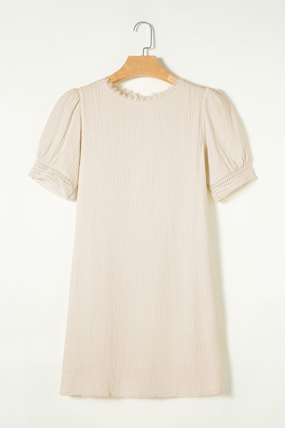 Beige Lace Trim Shift Mini Dress with Puff Sleeves