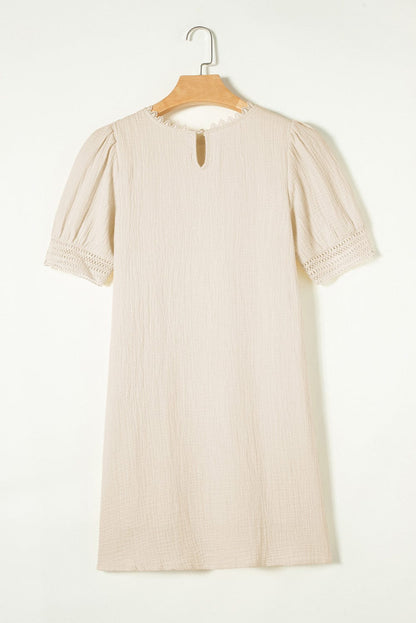 Beige Lace Trim Shift Mini Dress with Puff Sleeves