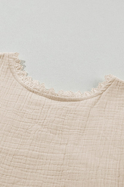 Beige Lace Trim Shift Mini Dress with Puff Sleeves