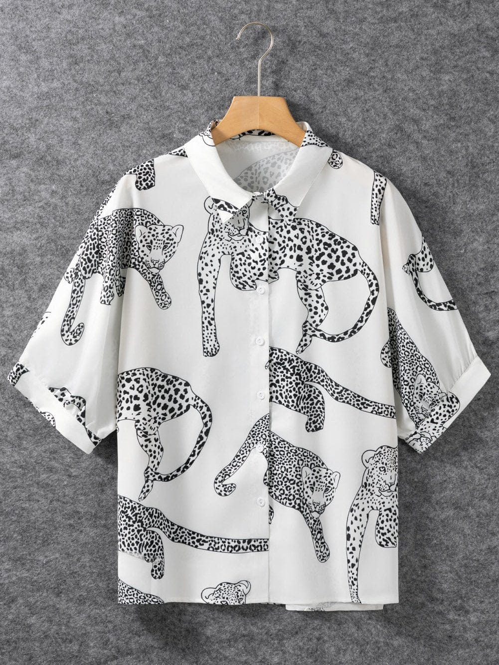 Beige Leopard Print Button-Up Half Sleeve Blouse