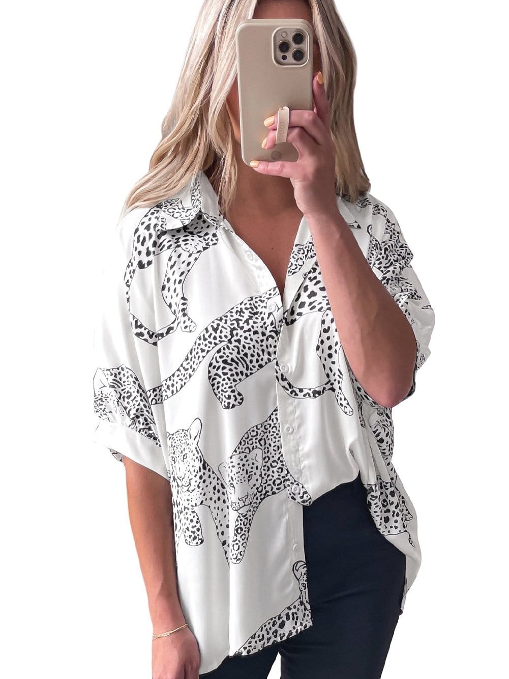 Beige Leopard Print Button-Up Half Sleeve Blouse