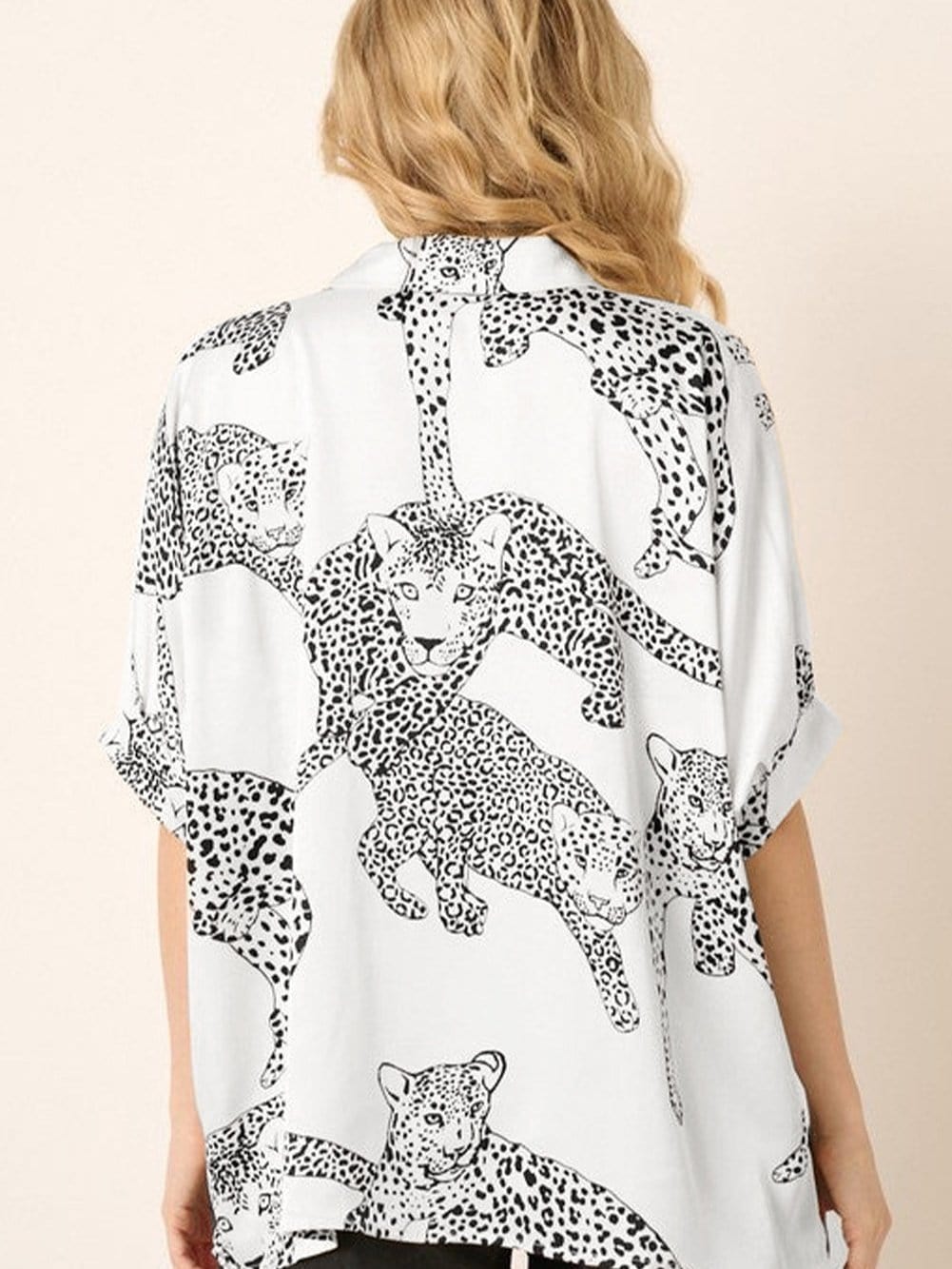 Beige Leopard Print Button-Up Half Sleeve Blouse