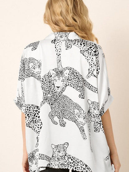 Beige Leopard Print Button-Up Half Sleeve Blouse
