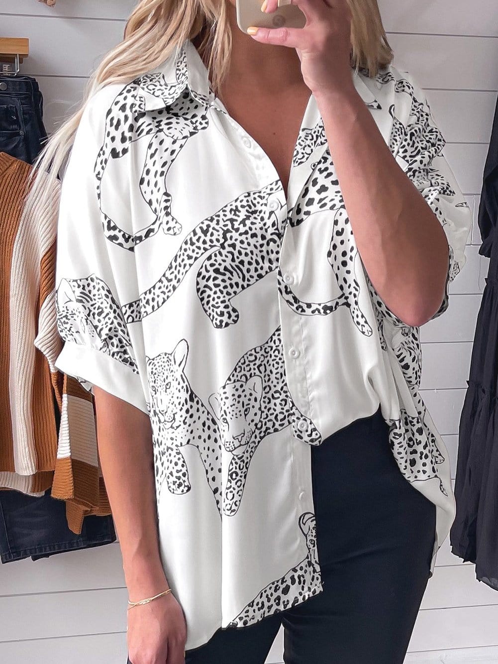 Beige Leopard Print Button-Up Half Sleeve Blouse