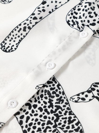 Beige Leopard Print Button-Up Half Sleeve Blouse