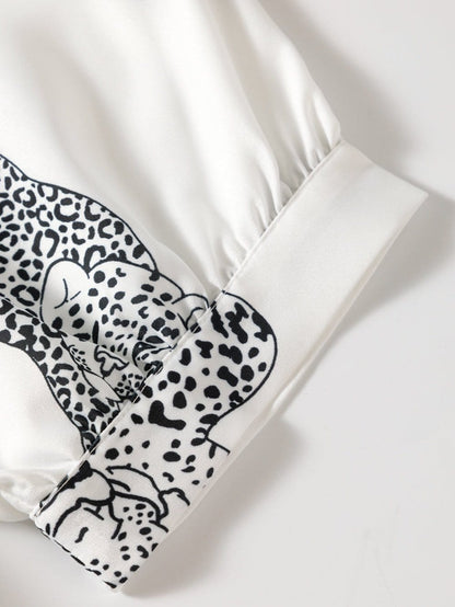 Beige Leopard Print Button-Up Half Sleeve Blouse