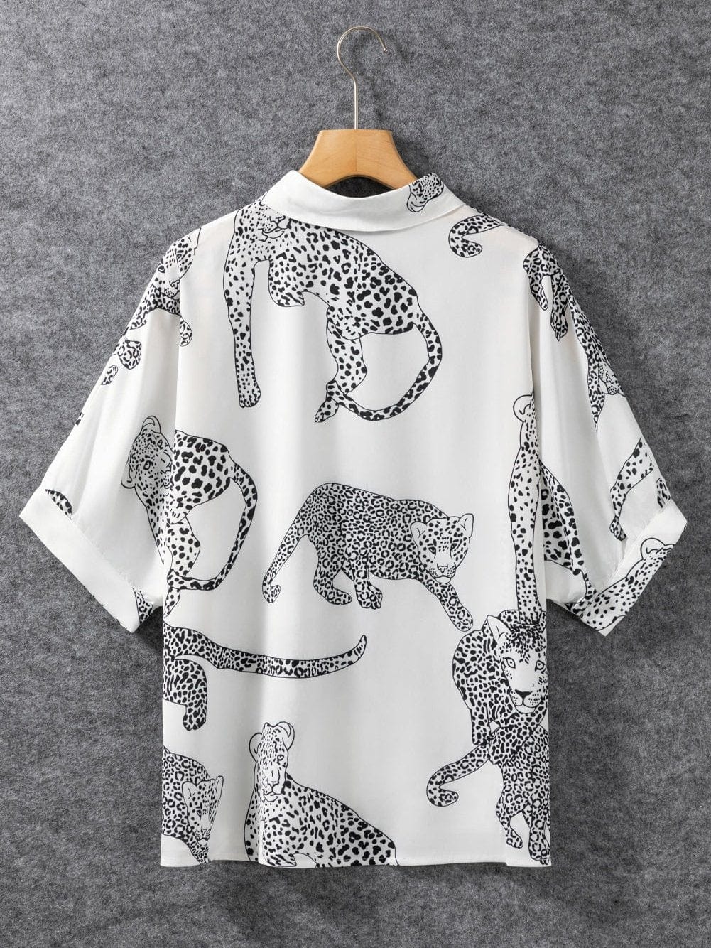 Beige Leopard Print Button-Up Half Sleeve Blouse