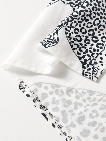 Beige Leopard Print Button-Up Half Sleeve Blouse
