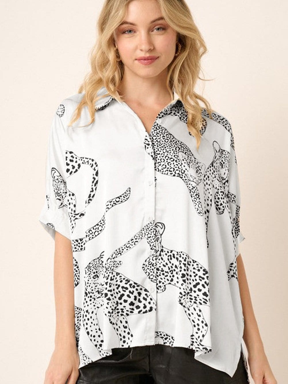 Beige Leopard Print Button-Up Half Sleeve Blouse