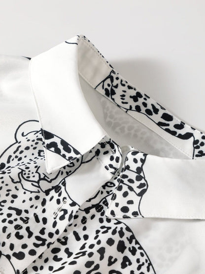 Beige Leopard Print Button-Up Half Sleeve Blouse