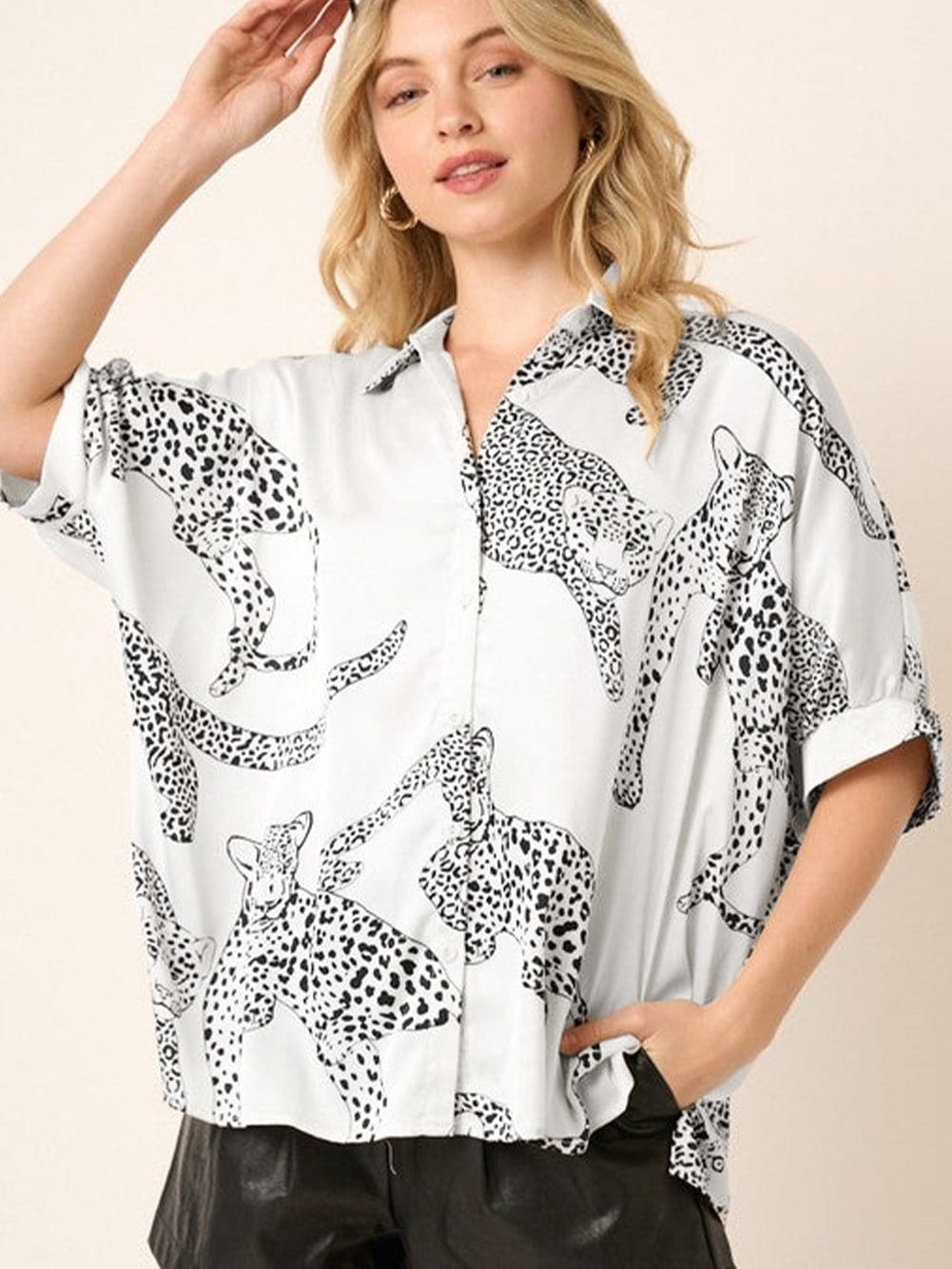 Beige Leopard Print Button-Up Half Sleeve Blouse