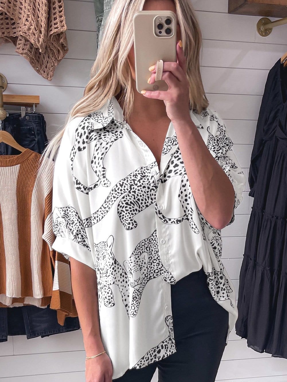 Beige Leopard Print Button-Up Half Sleeve Blouse