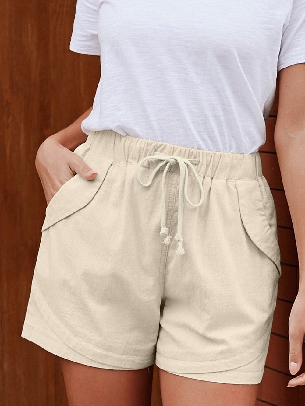 Beige Linen Drawstring Shorts