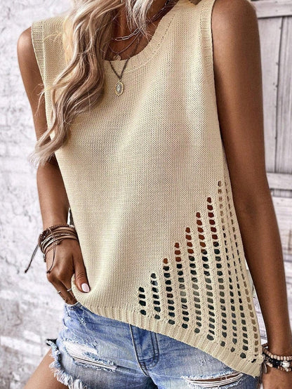 Beige Pointelle Bottom Detail Knitted Sleeveless Sweater Tank Top