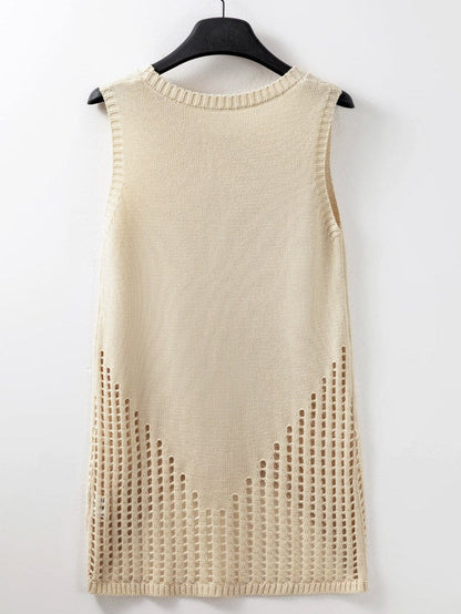 Beige Pointelle Bottom Detail Knitted Sleeveless Sweater Tank Top
