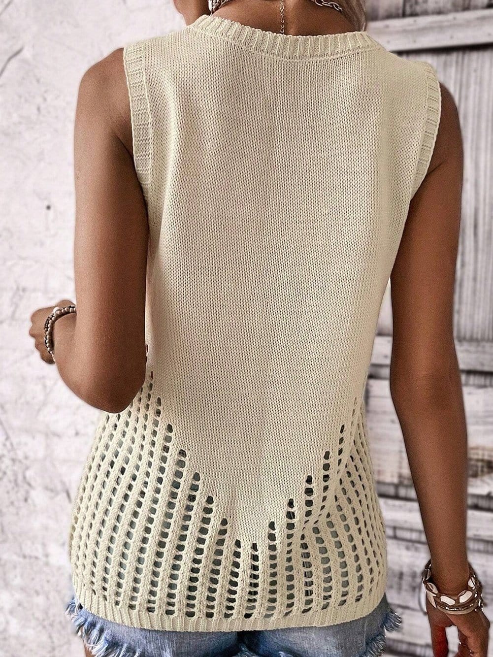Beige Pointelle Bottom Detail Knitted Sleeveless Sweater Tank Top