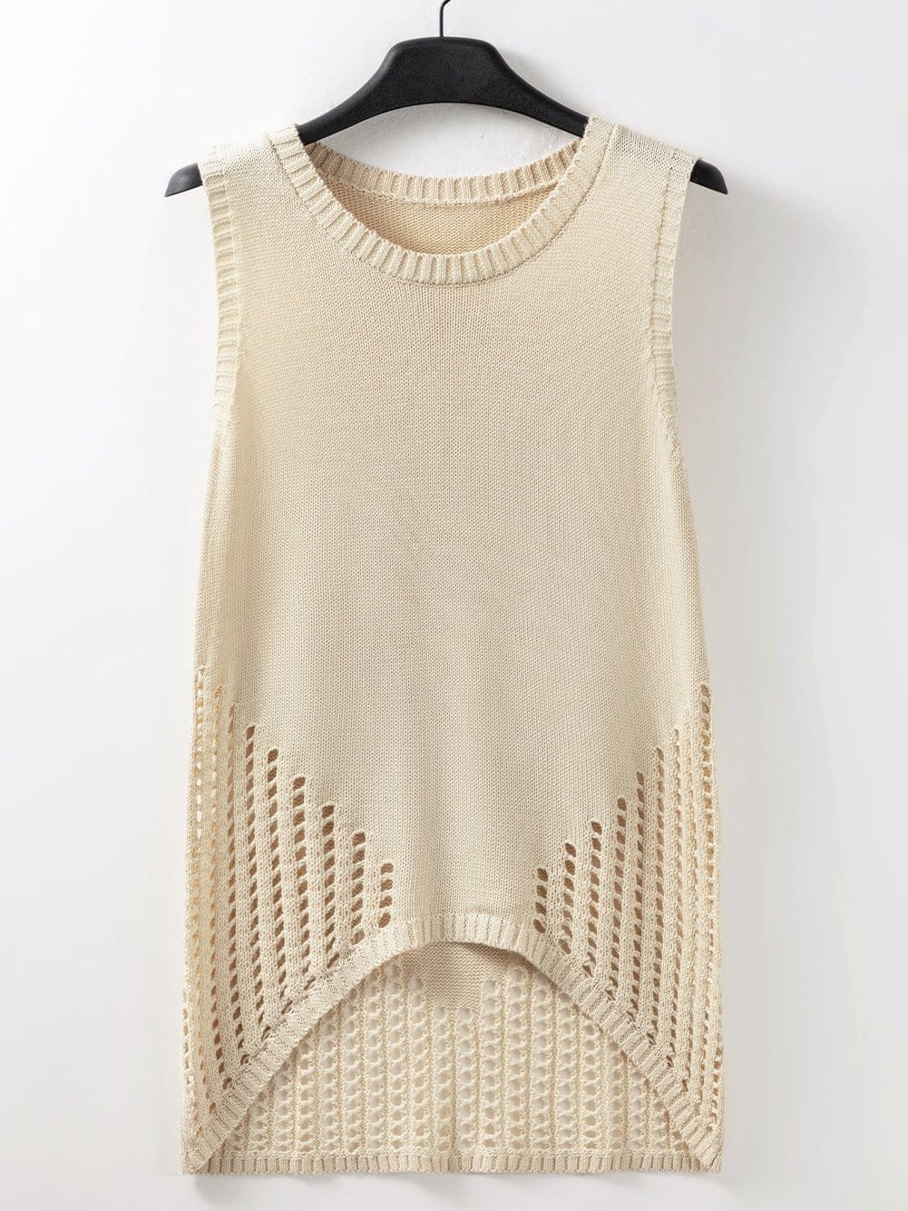 Beige Pointelle Bottom Detail Knitted Sleeveless Sweater Tank Top