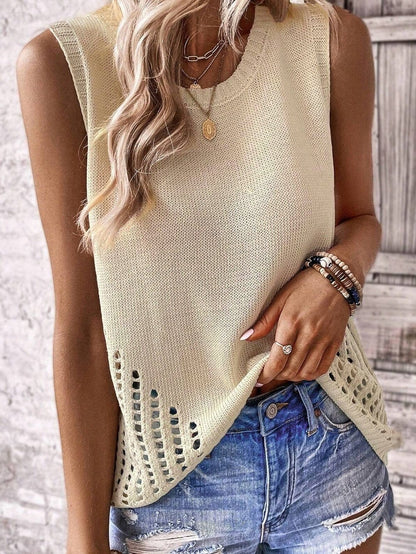 Beige Pointelle Bottom Detail Knitted Sleeveless Sweater Tank Top