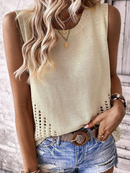 Beige Pointelle Bottom Detail Knitted Sleeveless Sweater Tank Top