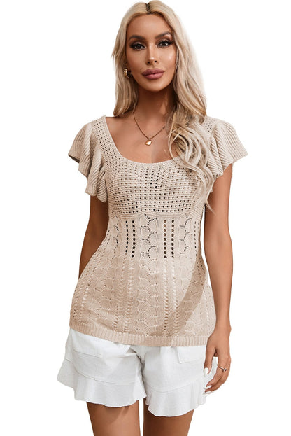 Beige Pointelle Knit Ruffle Sleeve Sweater for Chic Summer Styling