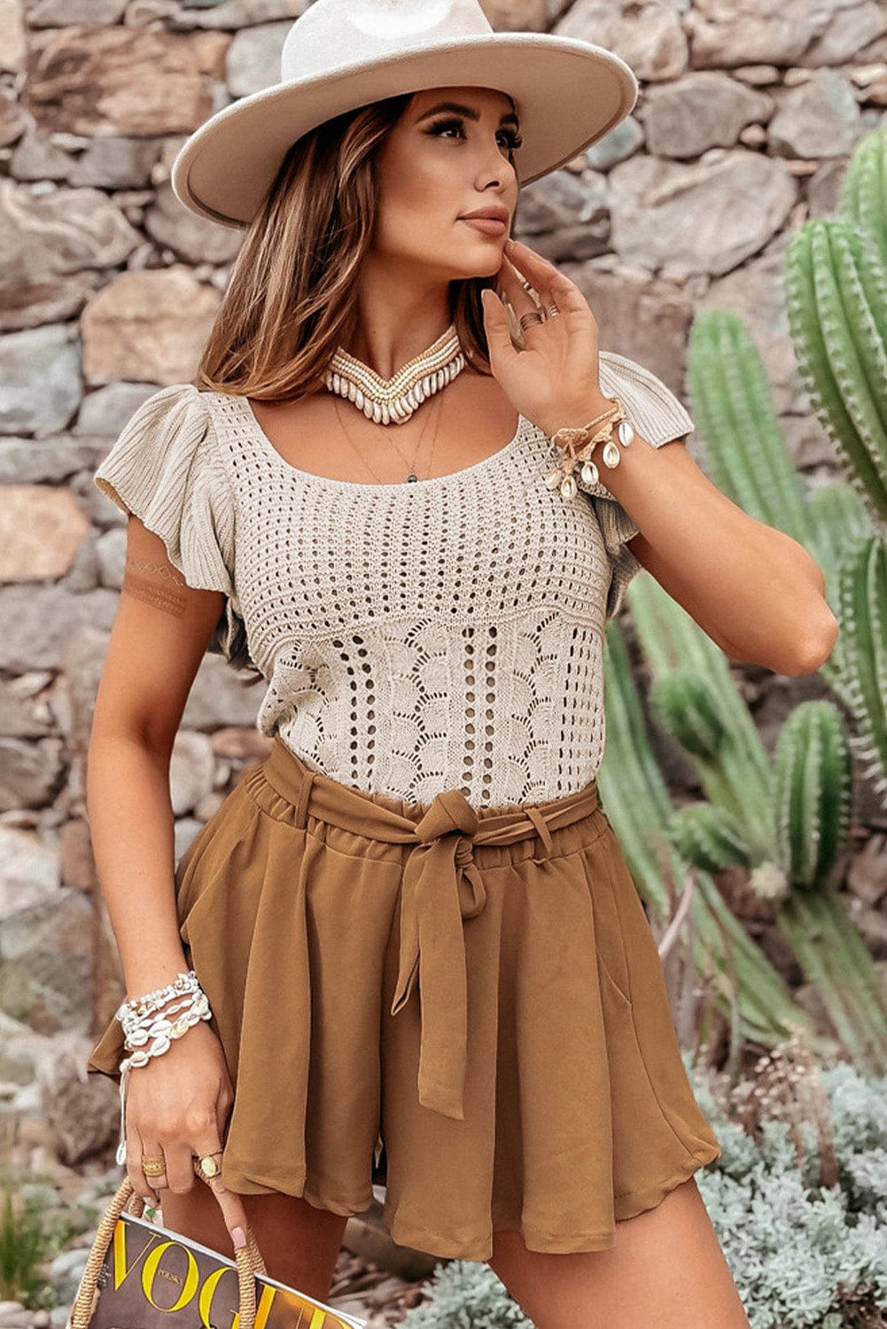Beige Pointelle Knit Ruffle Sleeve Sweater for Chic Summer Styling