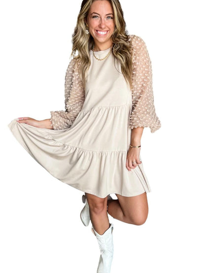 Beige Puff Sleeve Tiered A-line Shift Dress with Embellishments