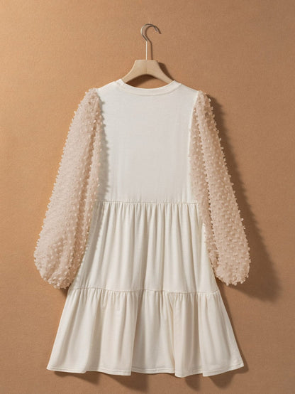 Beige Puff Sleeve Tiered A-line Shift Dress with Embellishments