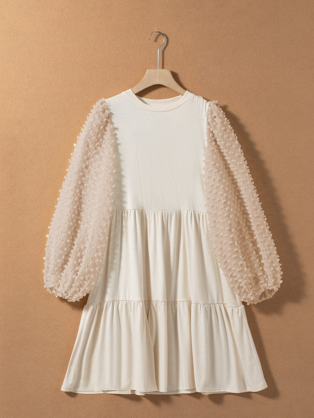 Beige Puff Sleeve Tiered A-line Shift Dress with Embellishments