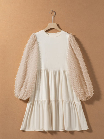 Beige Puff Sleeve Tiered A-line Shift Dress with Embellishments