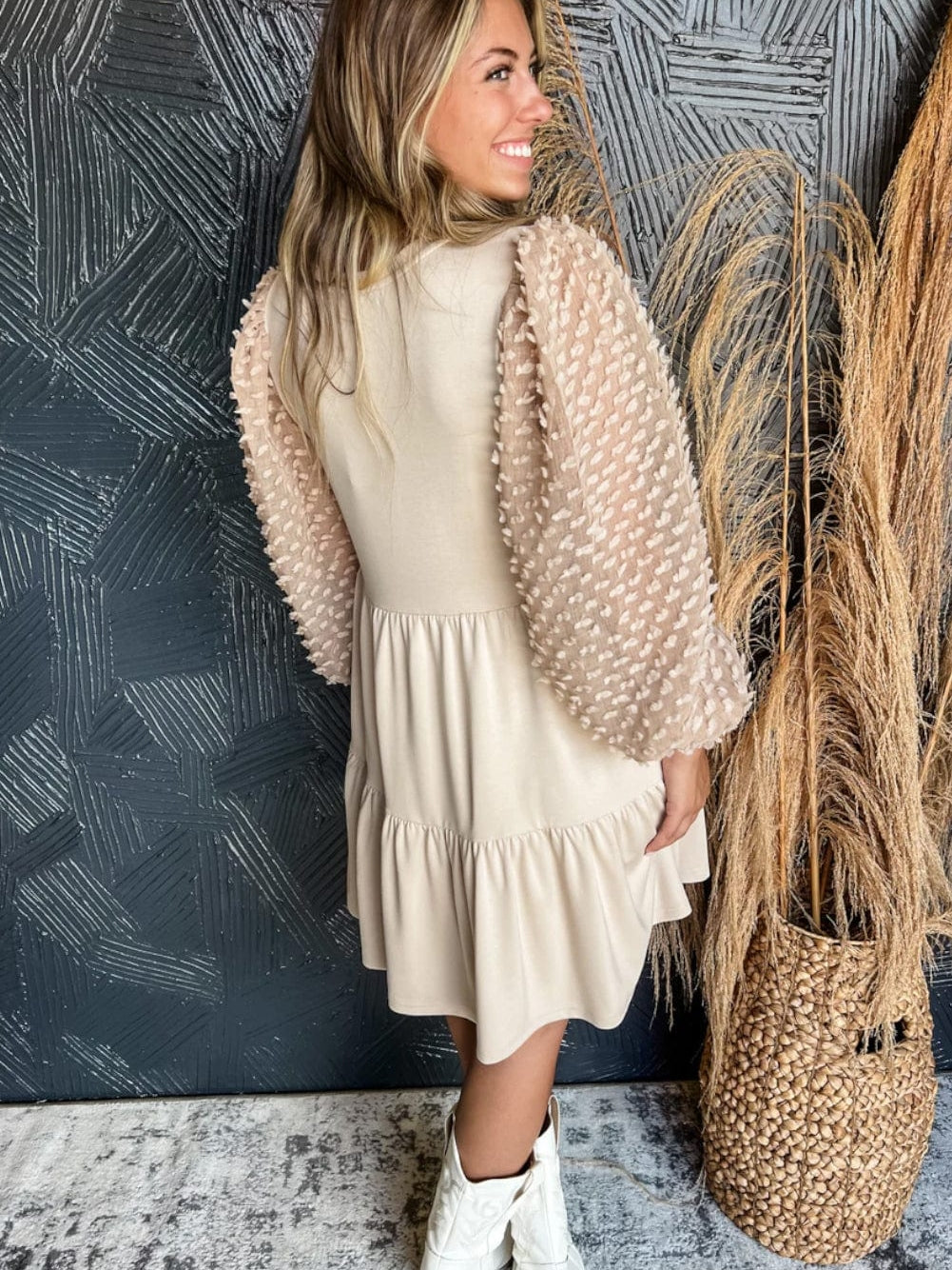 Beige Puff Sleeve Tiered A-line Shift Dress with Embellishments