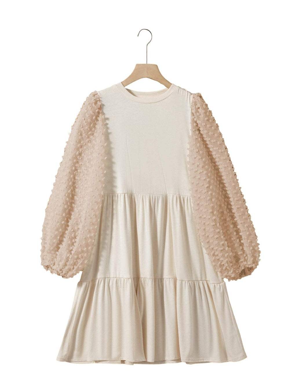 Beige Puff Sleeve Tiered A-line Shift Dress with Embellishments