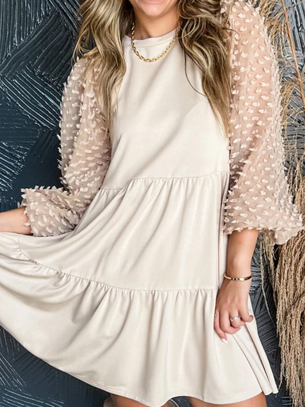 Beige Puff Sleeve Tiered A-line Shift Dress with Embellishments