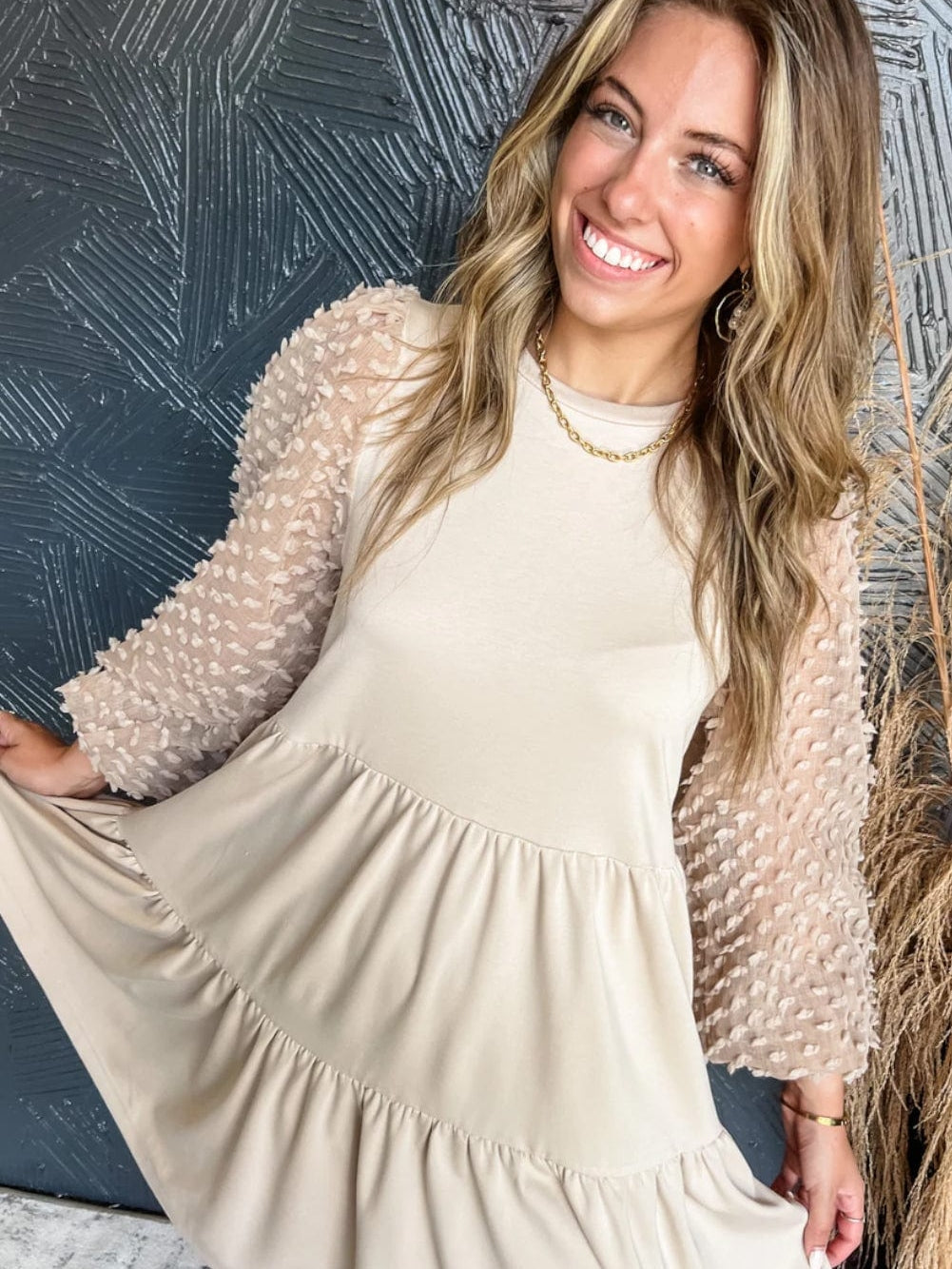 Beige Puff Sleeve Tiered A-line Shift Dress with Embellishments