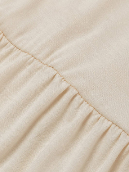 Beige Puff Sleeve Tiered A-line Shift Dress with Embellishments