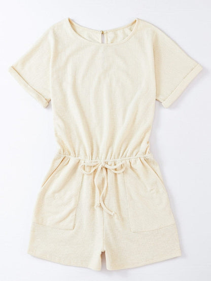 Beige Ribbed Drawstring Romper with Pockets