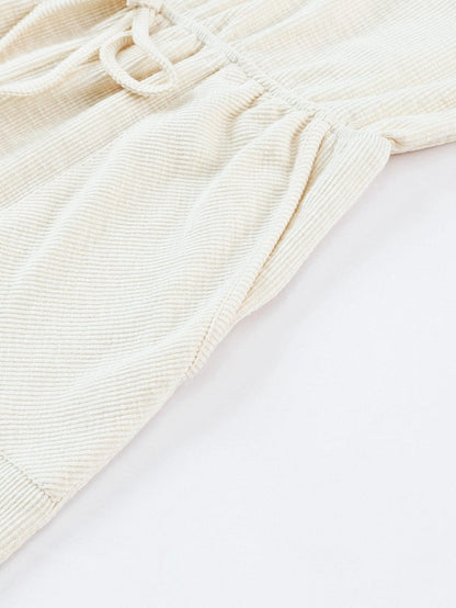 Beige Ribbed Drawstring Romper with Pockets