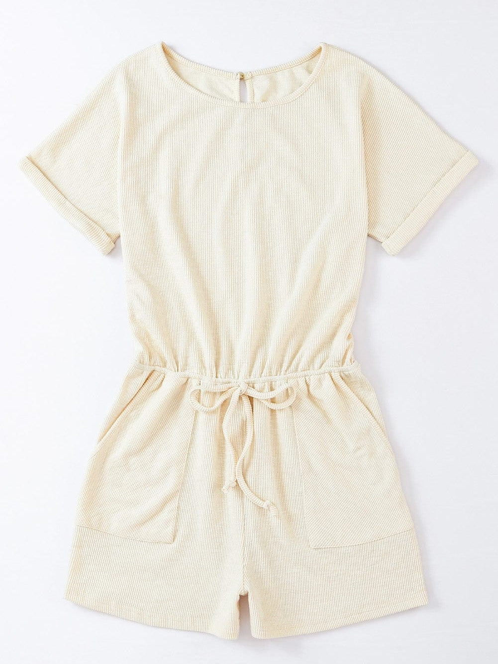 Beige Ribbed Elastic Waist Romper