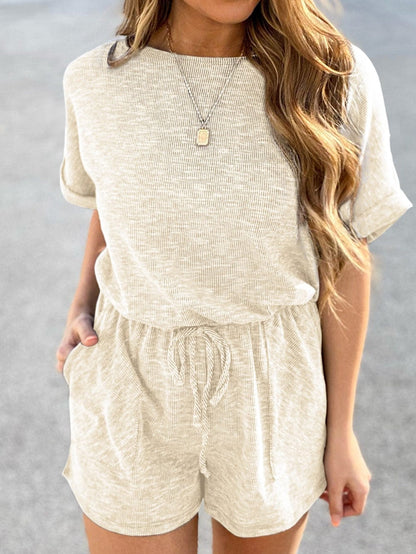 Beige Ribbed Elastic Waist Romper
