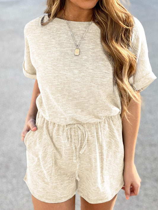 Beige Ribbed Elastic Waist Romper