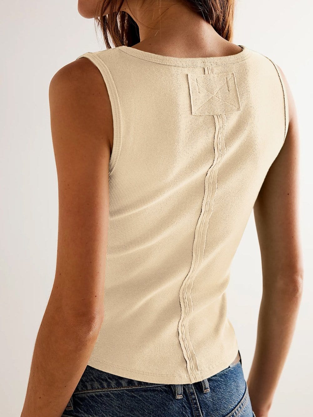 Beige Ribbed Scoop Neck Fitted Tank Top