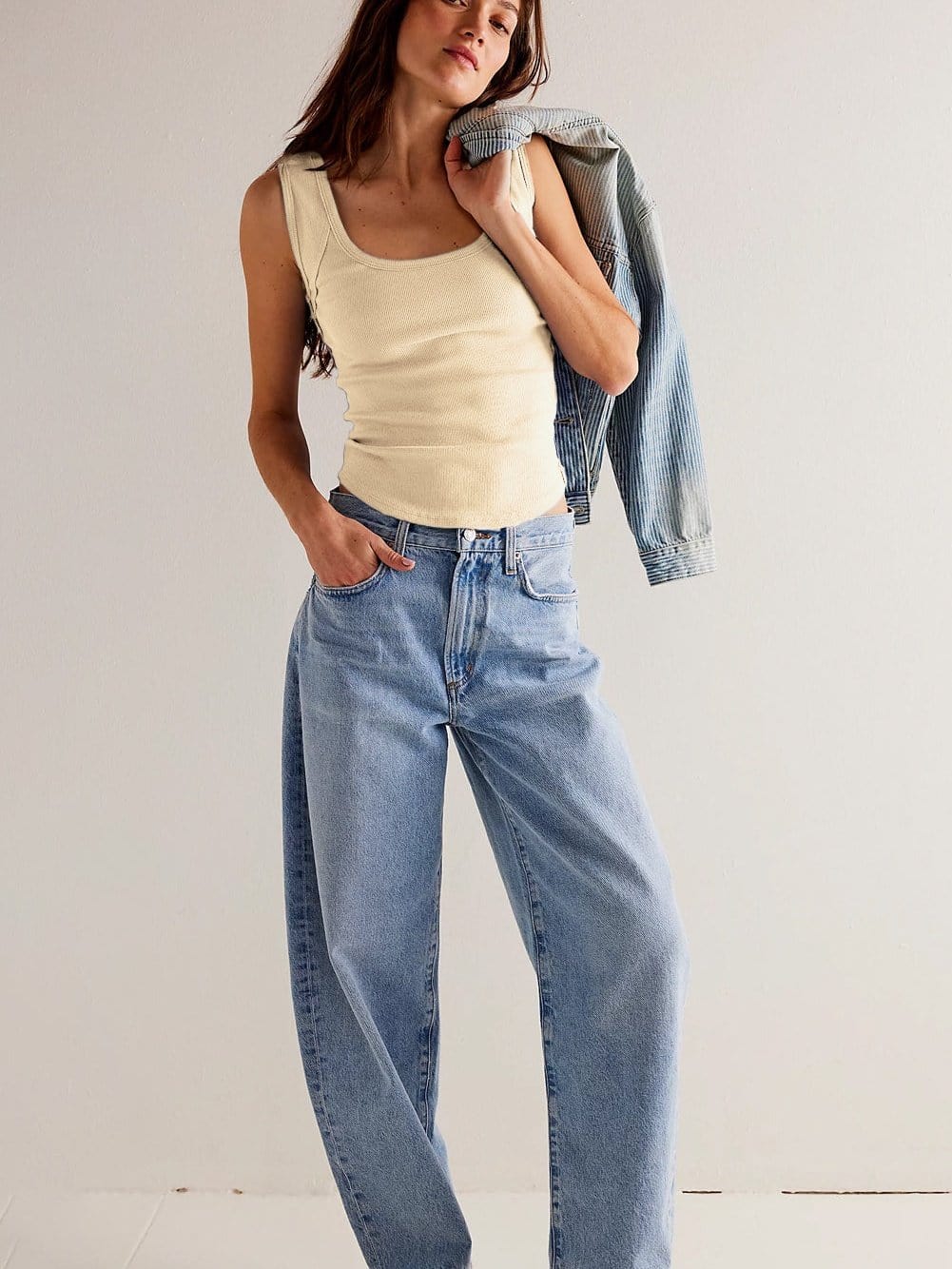 Beige Ribbed Scoop Neck Fitted Tank Top