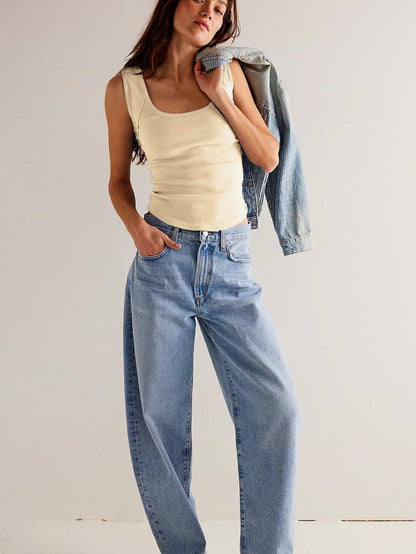 Beige Ribbed Scoop Neck Fitted Tank Top