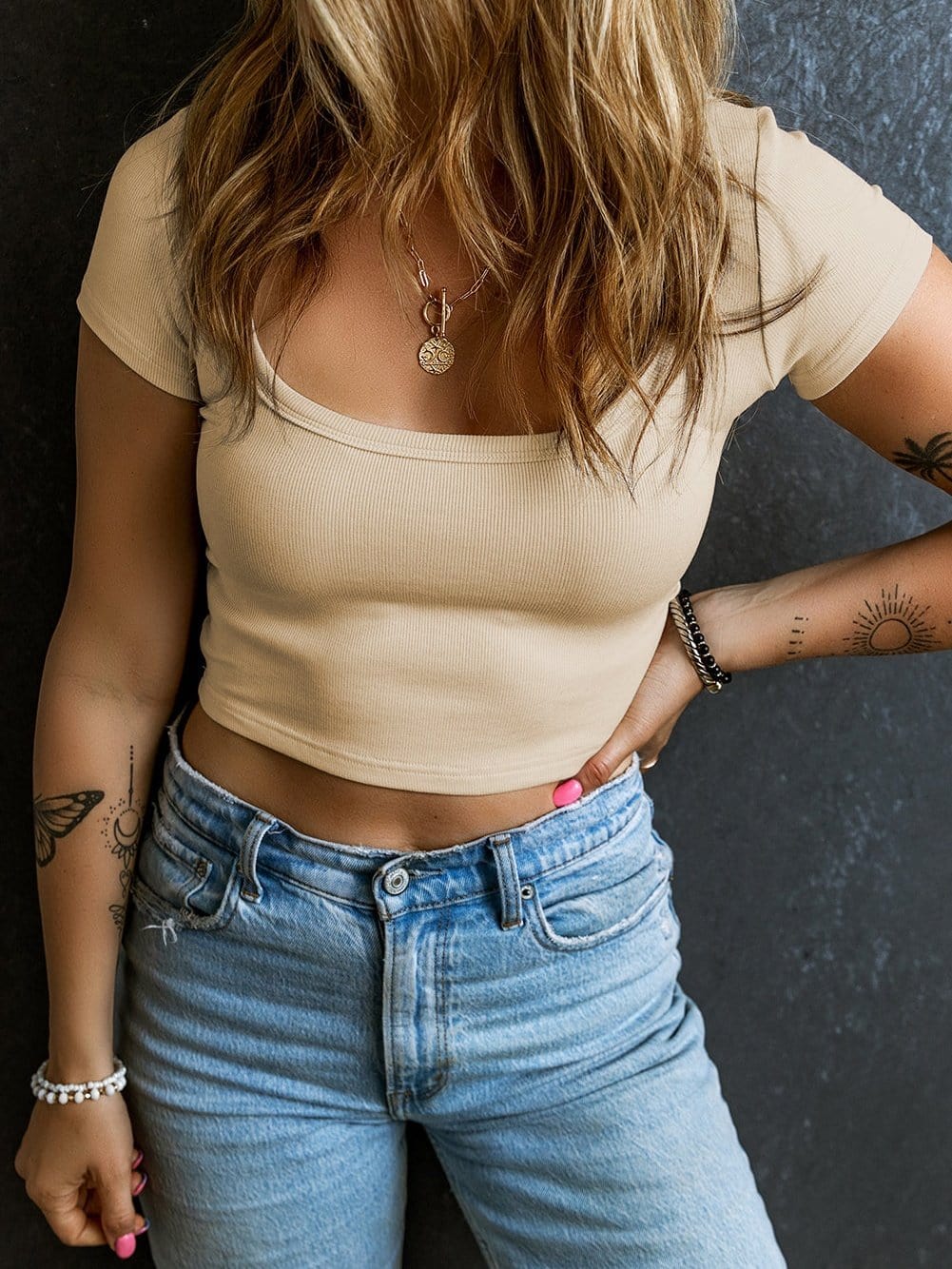 Beige Ribbed U Neck Crop Top with Short Sleeves